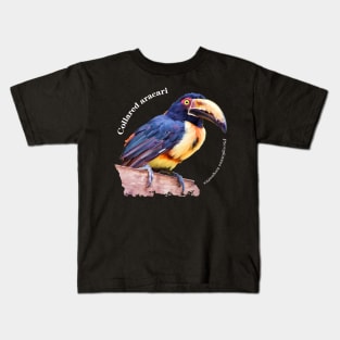 Collared aracari tropical bird pin white text Kids T-Shirt